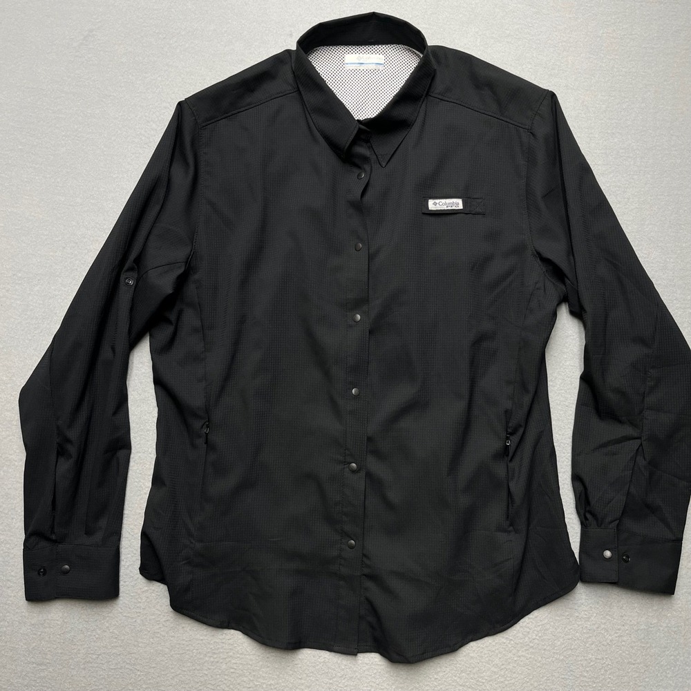 Columbia PFG Womens XL Black Ripstop Long Sleeve Fishing Shirt Snap Front Vented